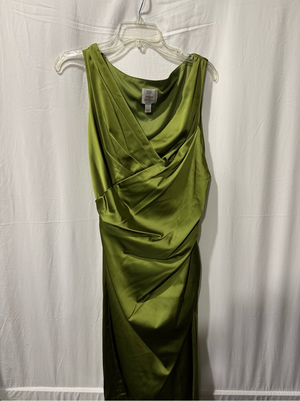 Satin Draped Midi Dress in Olive